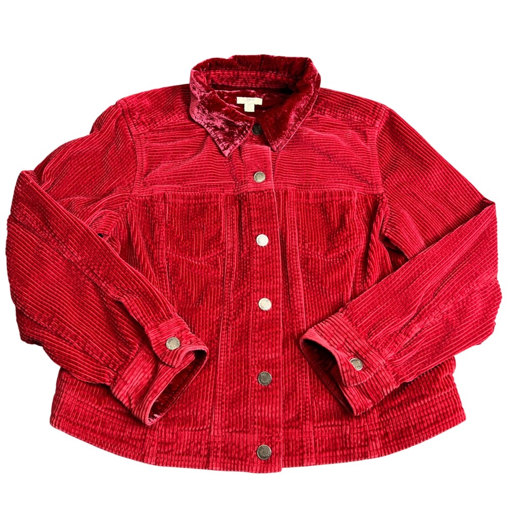 J. Jill Red Corduroy Trucker Jacket Velvet Collar Petite Medium MP Cotton